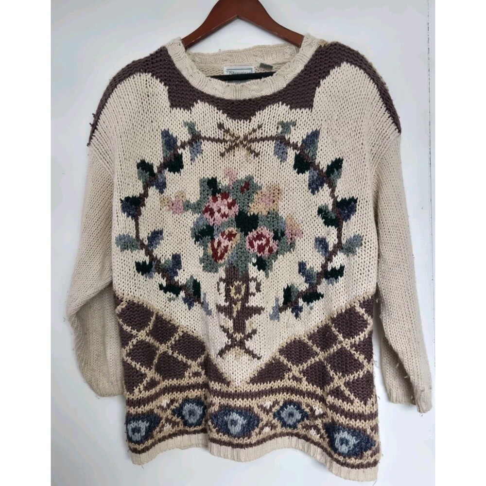 Vtg Shenanigans Sweater Womens L Hand Knitted Floral Cottagecore Grandma Floral‎